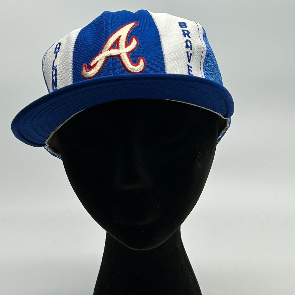 VIntage 80s ATLANTA BRAVES Blue AJD Made USA Baseball‎ mesh snapback hat cap NOS